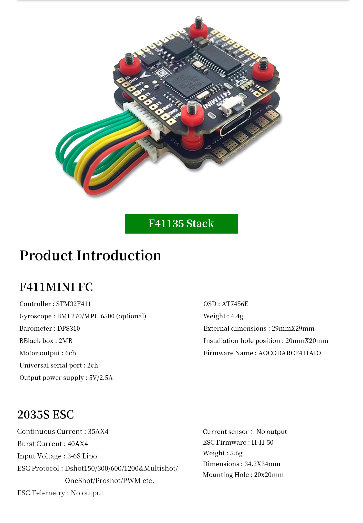 Aocoda-RC F41135 Stack F411MIN FC+2035S 35A 4in1 ESC