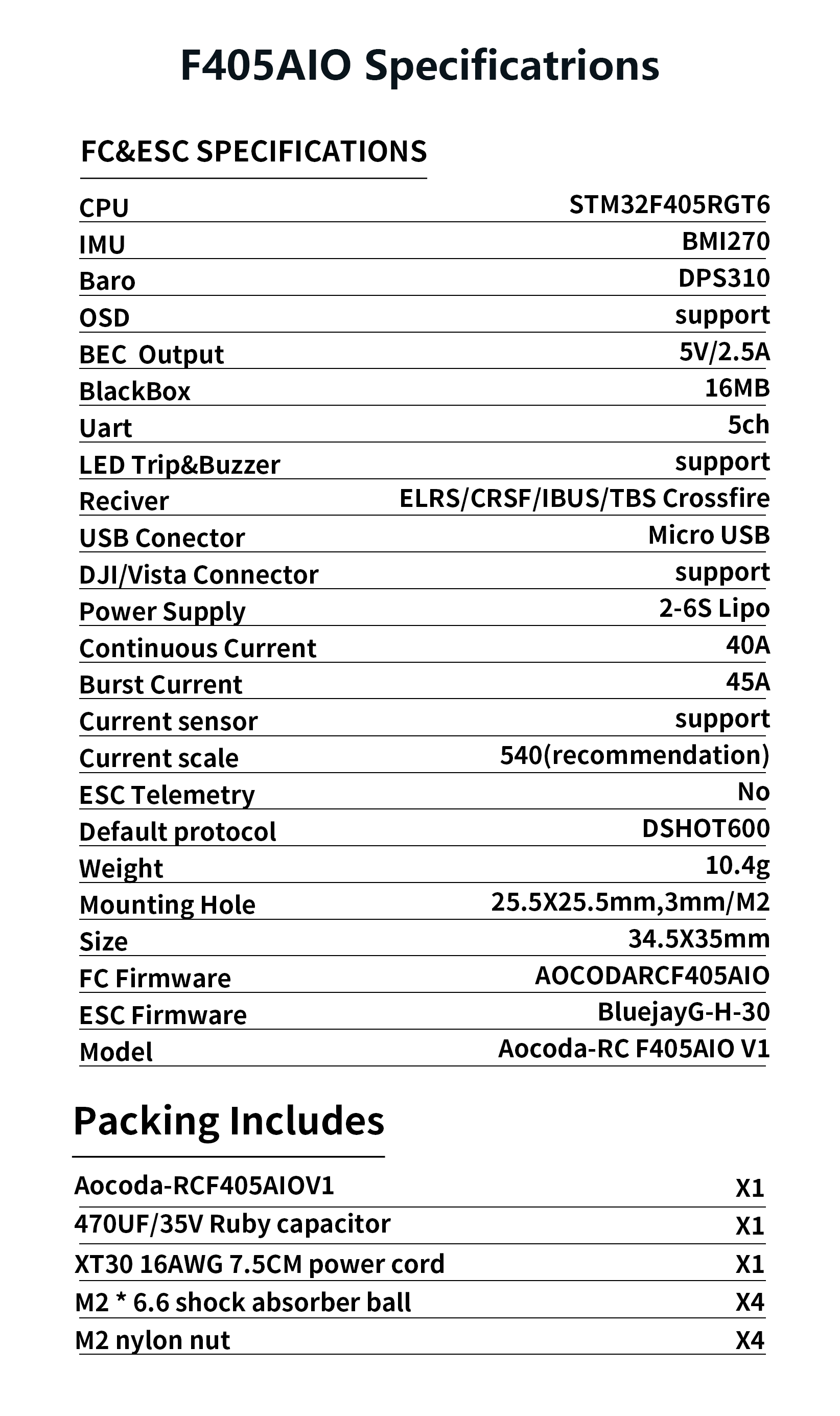 Aocoda-RC F405AIO 40A 6S Blheli-S/Blue-J for Racing Drone